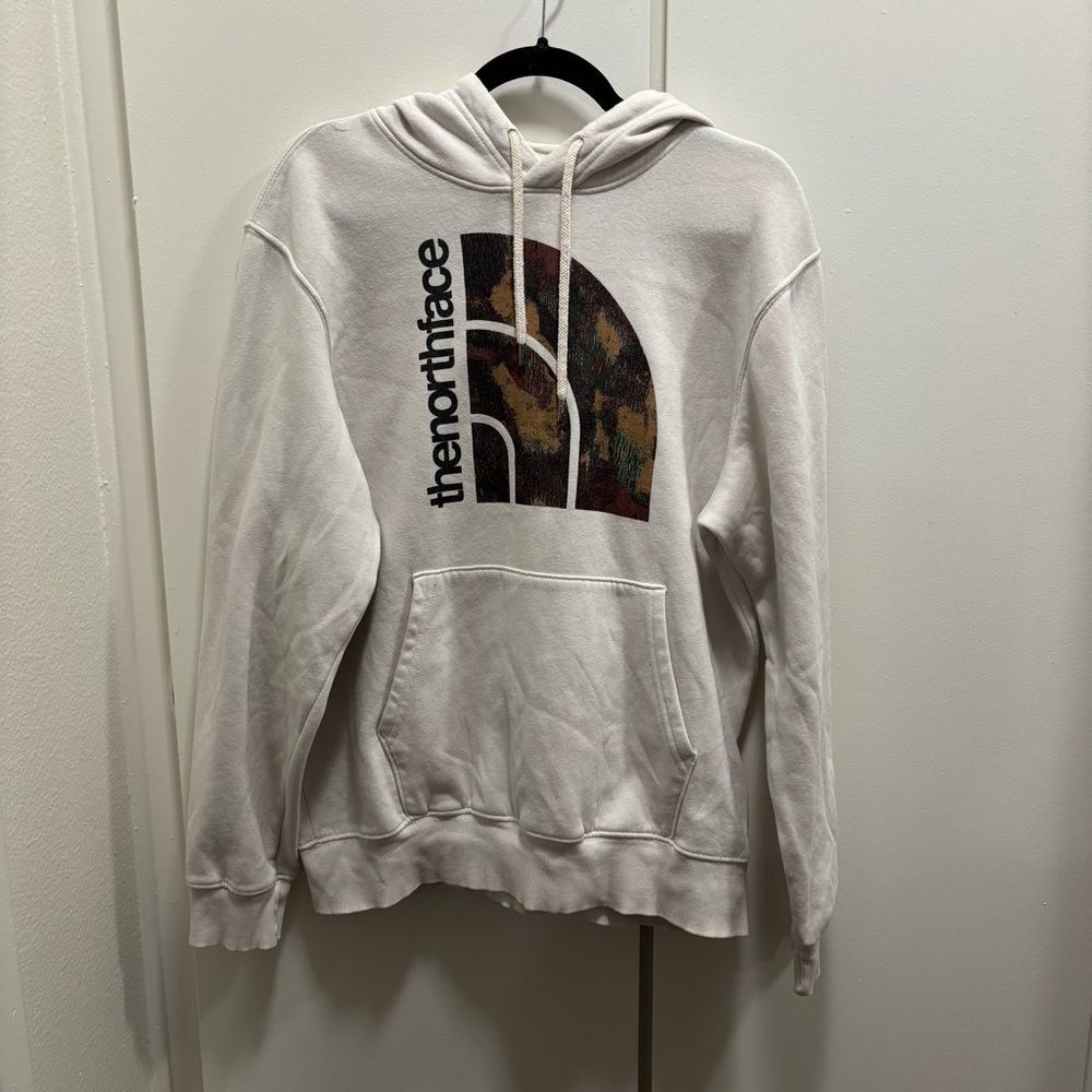 North Face Men’s Medium Cream Half Dome Logo Spellout Hoodie Sweatshirt